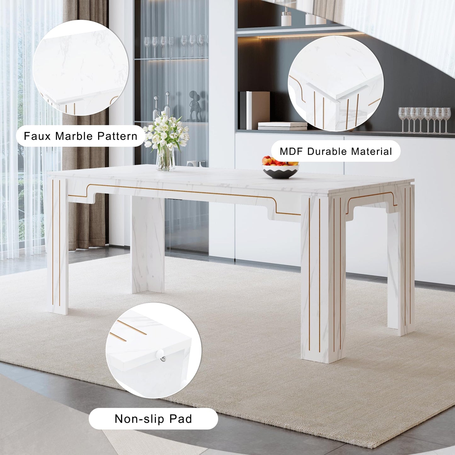 KEIKI 9-Piece Dining Table Set for 8, 71" White Faux Marble Kitchen Table with 8 Black PU Leather Chairs, Modern Dining Room Set with Silver Metal Legs, Large Rectangular Table for Home, Restaurant