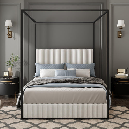 LUMISOL Queen Size Upholstered Canopy Bed, Metal 4 Poster Platform Bed with Tall Corduroy Headboard, Black Canopy Bed Frame with Headboard, No Box Spring Needed, White