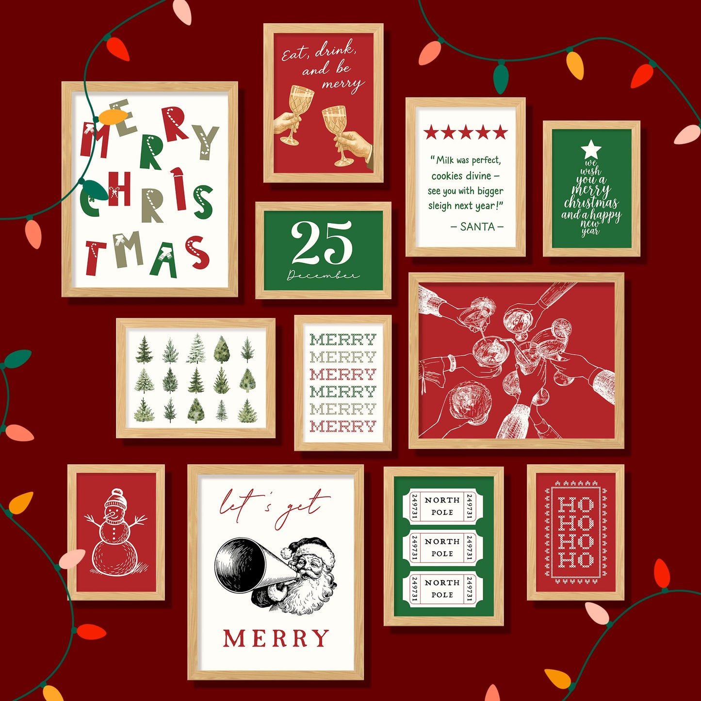 97 Decor Retro Christmas Prints Unframed - Trendy Christmas Posters For Room Aesthetic, Classic Holiday Artwork Winter Pictures, Funny Merry Xmas Painting Santa Pine Tree Gallery Wall Art For Bedroom