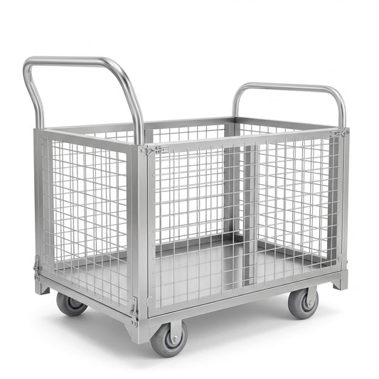 Platform cart, with cage, 4-in-1 Multi-Purpose Rolling Heavy-Duty cart, Rollable Folding cart, Load Capacity 2200 pounds, pushcart with 4 Wheels, Used in Grocery Stores,garages, Warehouses (Silver)