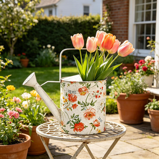 Vintage Floral Metal Watering Can, Decorative Watering Pot for Indoor Outdoor Plants, Shabby Chic Garden Watering Tool with Long Spout, Rustic Home Patio Decor
