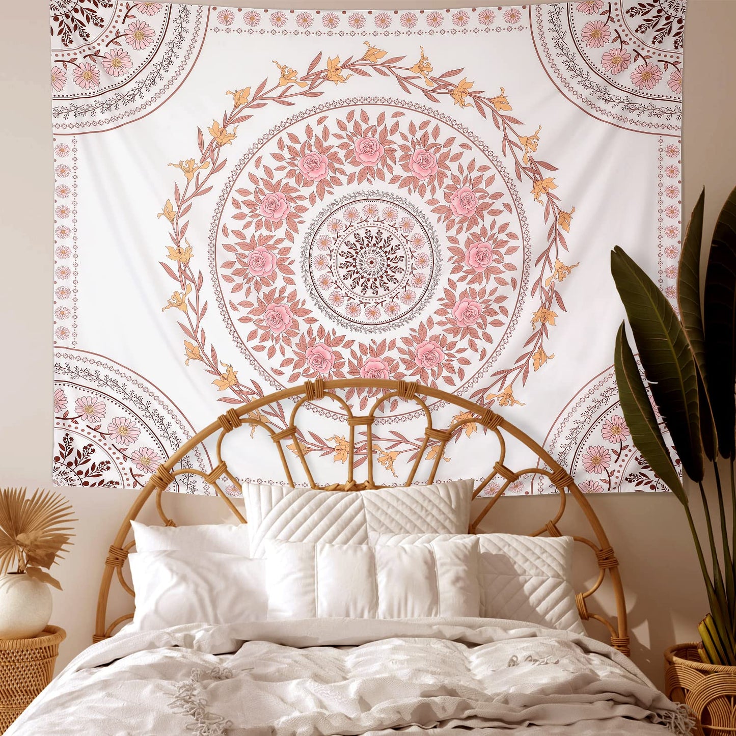 FLY SPRAY Mandala Tapestry Aesthetic,Boho Tapestry Wall Hanging,Pink Floral Medallion Tapestries,Bohemian Wall Art Hippie Decor for Bedroom Living Room Dorm