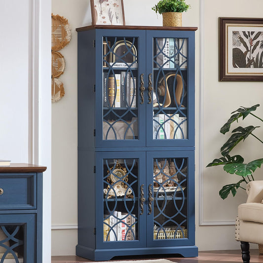 Joaxswe 67" Tall Bookshelf, Rustic Book Shelf w/Vintage Pattern Tempered Glass Doors, 5-Tier Wood Bookcase with Adjustable Storage Shelves, Retro Curio Display Cabinet for Living Room, Navy Blue