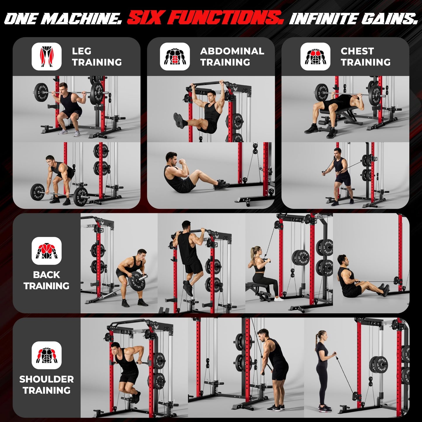 JELENS C21 Power Cage, 2000LBS Multi-Function Power Rack with Independent Dual Pulley System, All-in-One Squat Rack for Cable Crossover, Home Gym Workout Machine (Red, 260LBS Black)