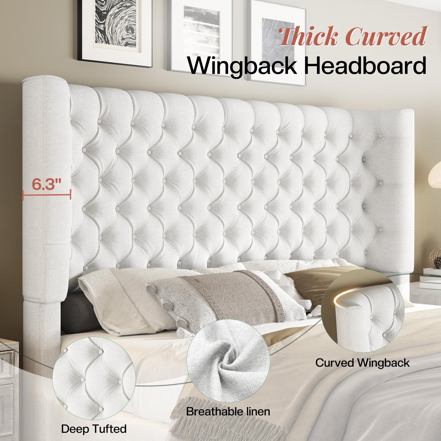 Jocisland King Size Platform Bed Frame, 6.3" Thick Upholstered Curved Wingback Headboard and Footboard with Deep Button Tufted, No Box Spring Needed, Easy Assembly, White Linen