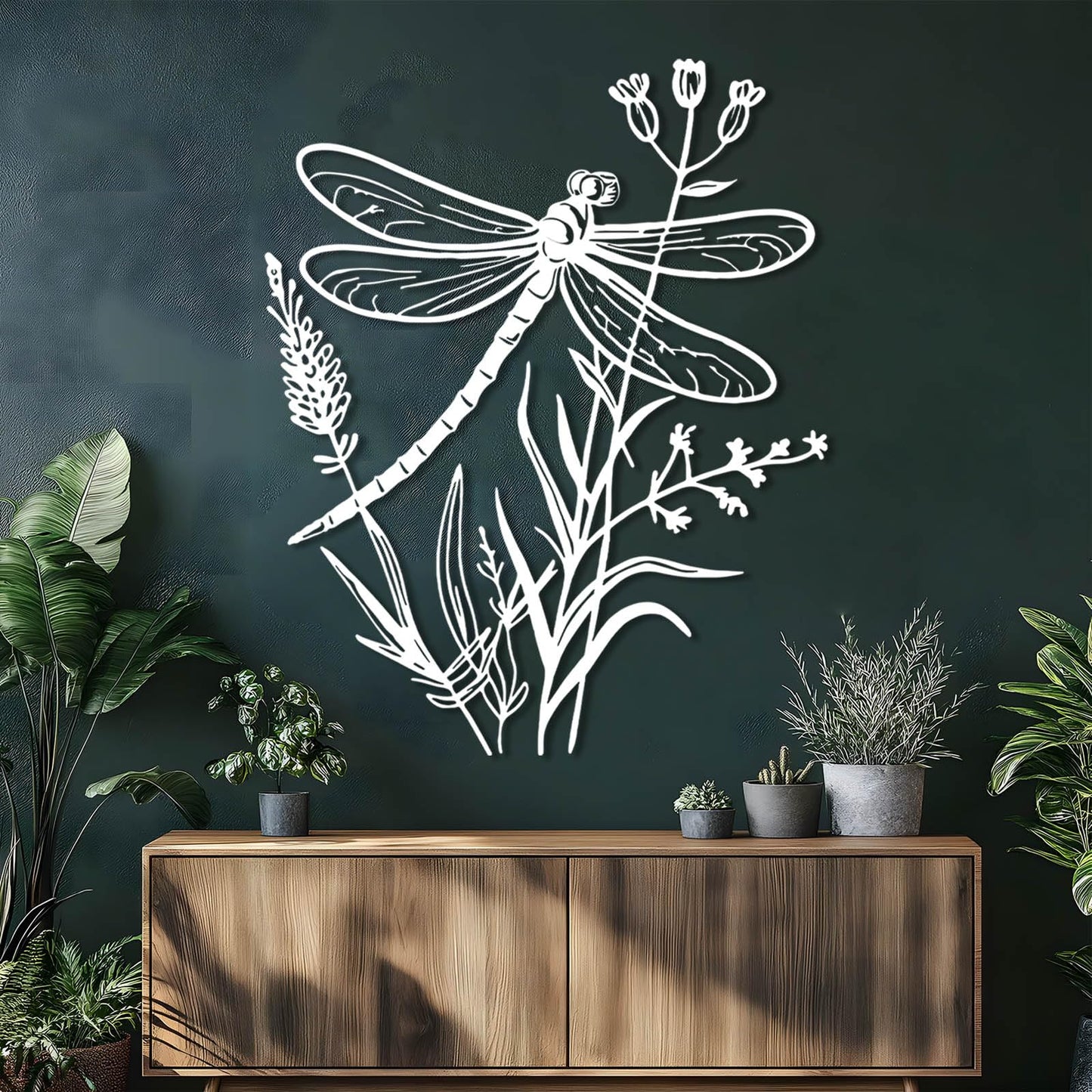 Dragonfly Metal Wall Art, Dragonfly and Flower Metal Wall Decor, Insects Wall Art, Large Dragonflies Wall Hanging, Wild Flower Wall Sculpture, Rustic Farmhouse Decorations (Black, 30"x24"/76x61cm)