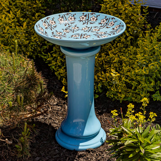Zaer Ltd. Porcelain Birdbath with Hand Painted Details (24" Tall, Cherry Blossoms)