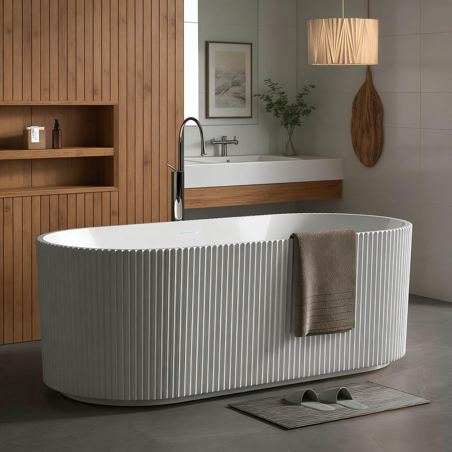 67" Acrylic Freestanding Soaking Bathtub, Matte Drain & Black Overflow, Contemporary Design Tub for Home Bathroom Renovations, Glossy White