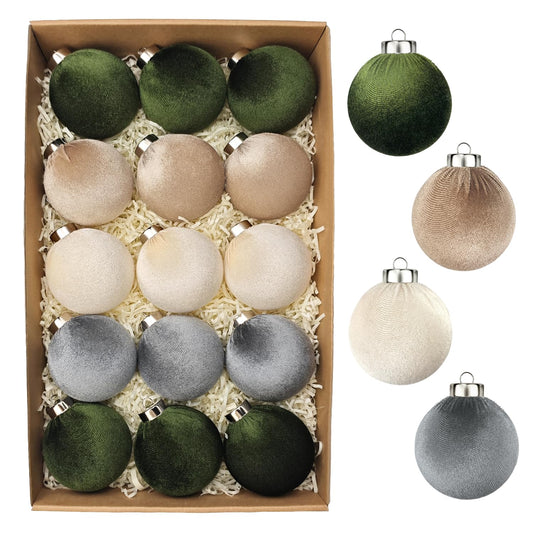 3.15 Inch Velvet Ball Ornaments for Christmas Tree 15 PCS, Large Neutral Flocked Christmas Bulb Ornaments Set - Earth Tone Decorative Hanging Baubles, Shatterproof Xmas Decor for Holiday (Multicolor)