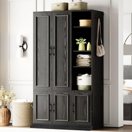 LIKIMIO Armoire Wardrobe Closet 70" H, 5 Doors Bedroom Wooden Wardrobe with 4 Storage Shelves and Hanging Rod, Clothing Storage Cabinet Organizer Combination, Black