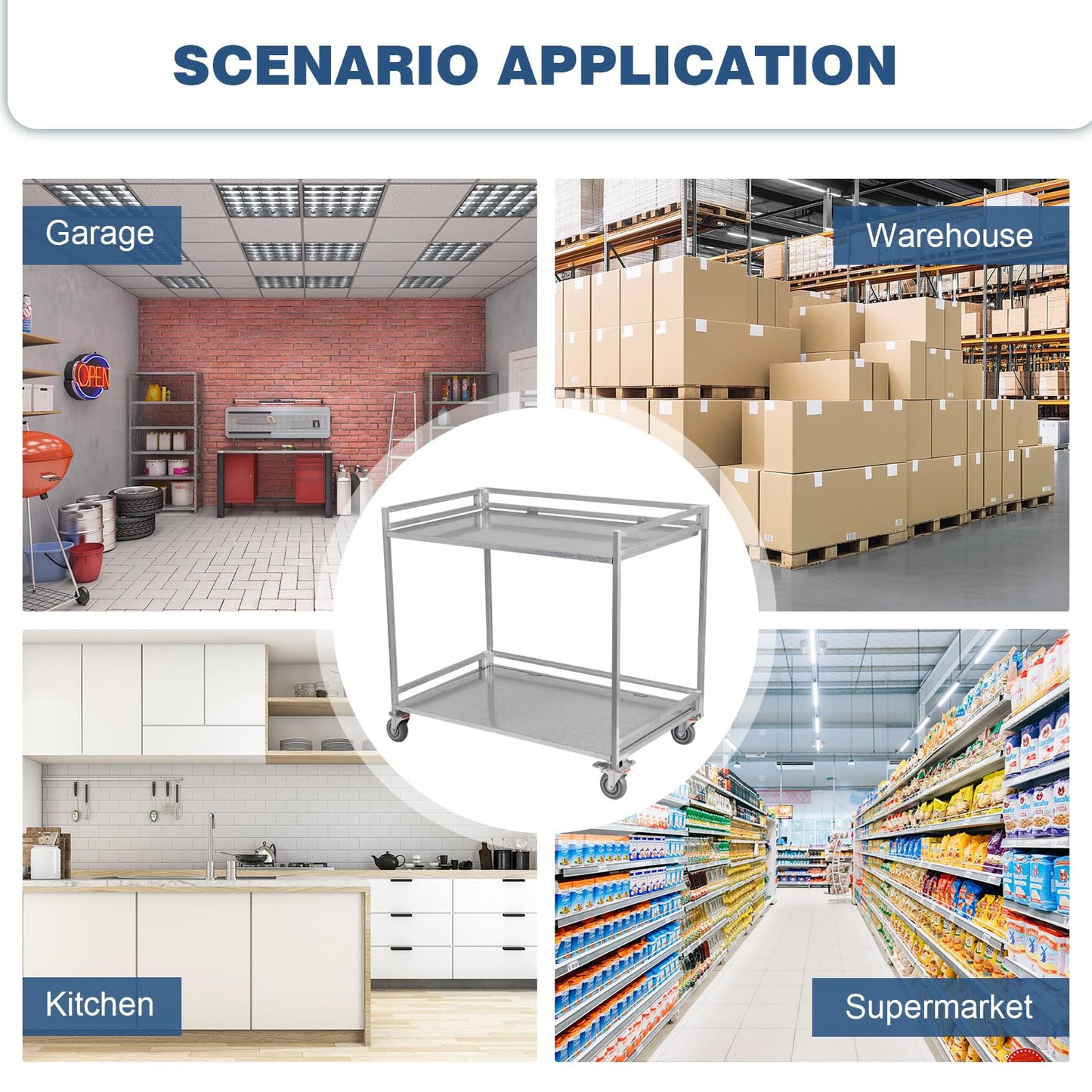 Generic 2-Shelf Utility/Service Cart Metal Storage Carts with Wheels 660lbs Capacity with Handle for Warehouse/Garage/Cleaning/Manufacturing