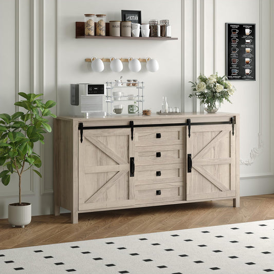 IDEALHOUSE 60" Farmhouse Sideboard Buffet with Storage Drawer & Sliding Barn Doors | Rustic Wood Coffee Bar Cabinet | Multi-Functional for Dining Room Kitchen, As TV Stand & Console Table