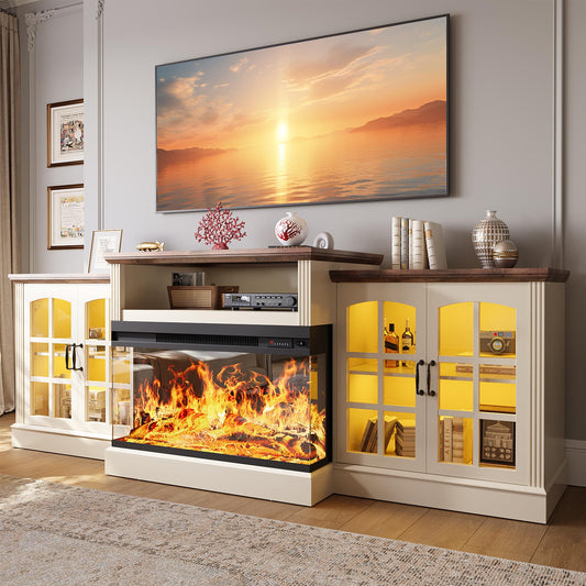 OneBlis 97" Fireplace TV Stand with 36" Electric Fireplace, Farmhouse Entertainment Center for TVs up to 100", Media Console Table with Large Storage Cabinets, for Living Room, White