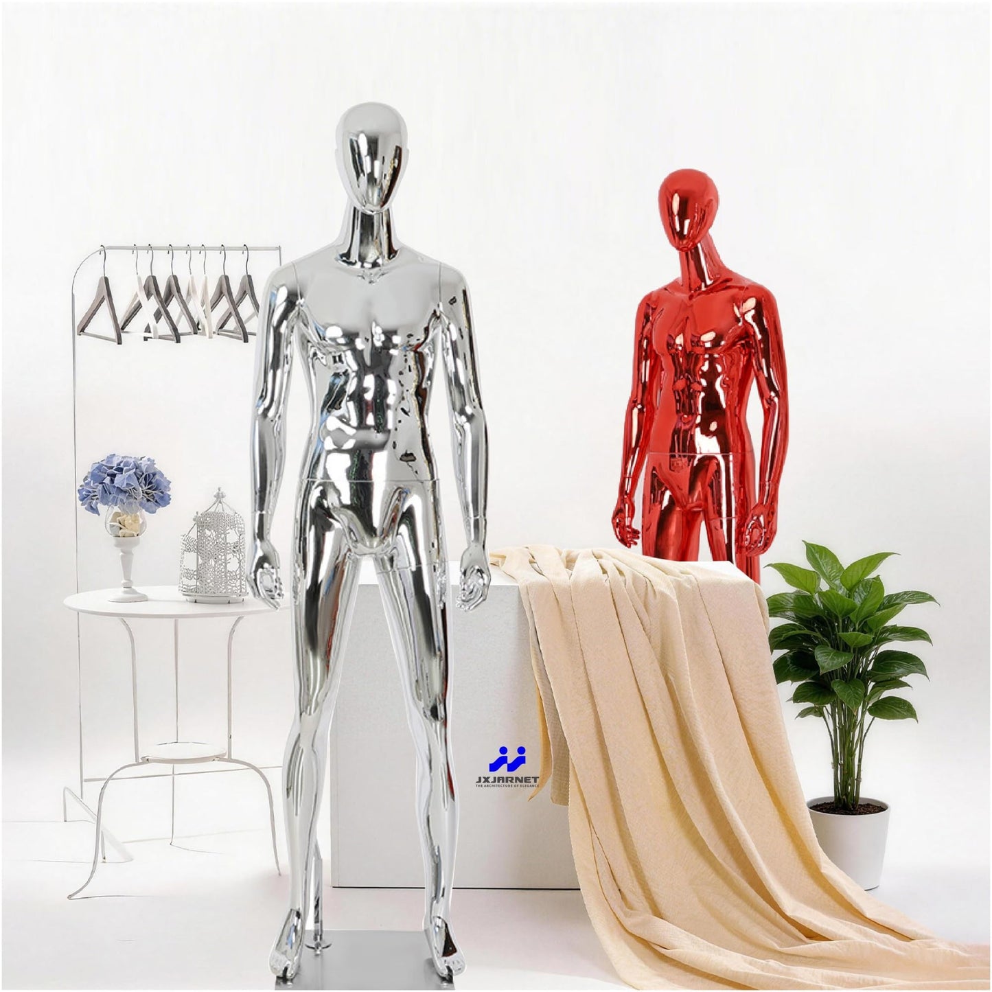 Full Body Male Mannequin with Chrome Metallic Finish, Fiberglass Abstract Dress Form with Posable Head, Futuristic Retail Display Dummy with Metal Base for Men's Fashion Window(Rose Gold)