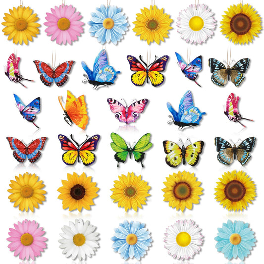 40 Pcs Spring Ornaments for Small Tree Wooden Flower Butterfly Ornament Sunflower Gerbera Daisy Wood Hanging Tree Decoration Spring Mother's Day Summer Birthday Party Decor Supplies(Flower, Butterfly)