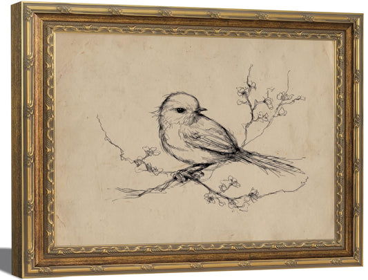 LRTNMTJ Vintage Gold Carved Frame Sketch Bird Wall Art - Minimalist Beige Line Drawing Decor for Gallery Bedroom Office Living Room (Ready to Hang)