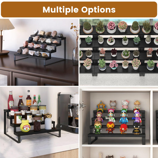 Wood Display Risers, 4 Tier 13.4IN Perfume Organizer Shelf with Metal Legs, Large Wooden Cupcake Stand Holder, Display Shelf Stand for Figures, Party, Makeup, Dessert Shelves for Party, Black