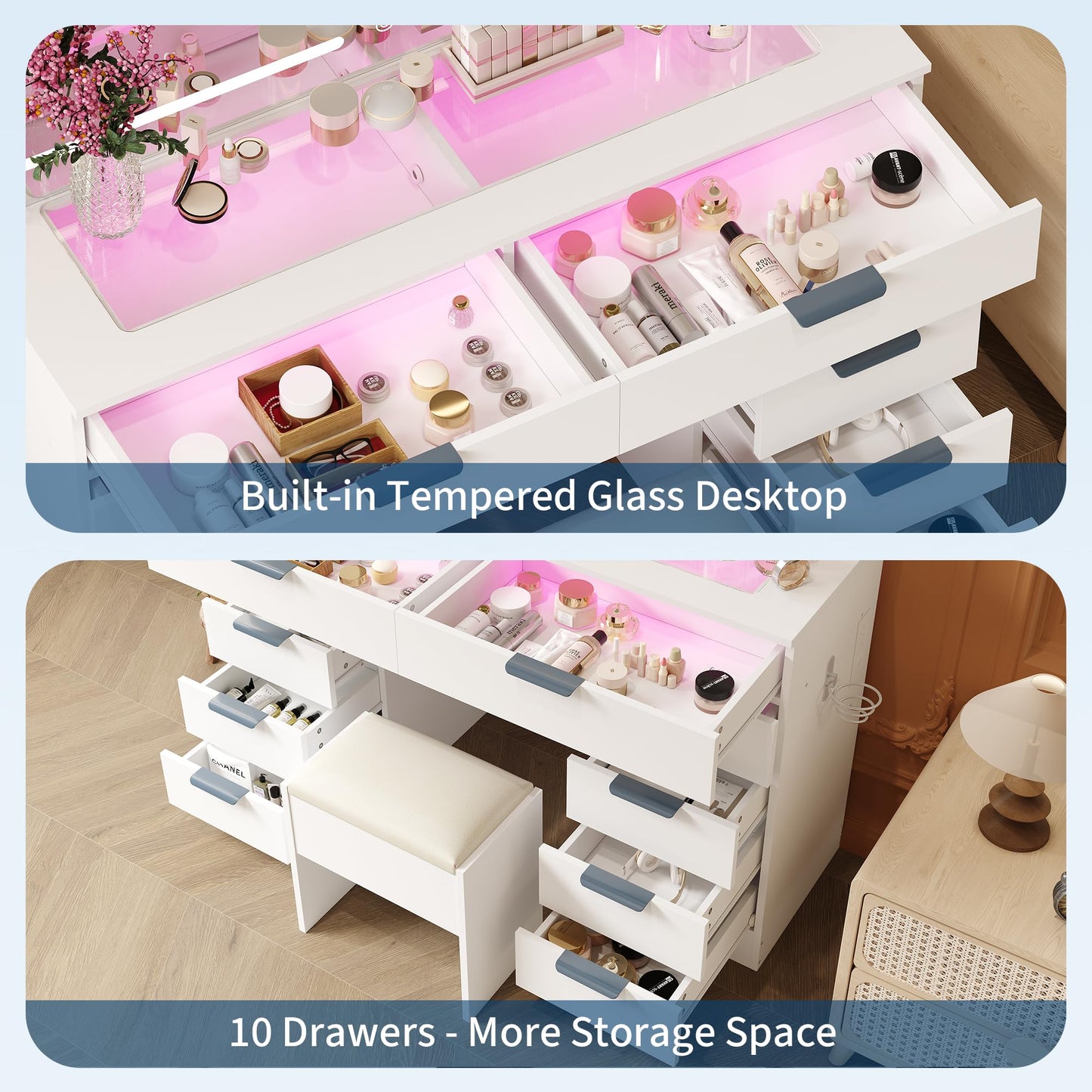 IDEALHOUSE Large Vanity Desk with Mirror, Clear Glass Top, Stool, LED Lights and Power Outlet, 45'' Width Makeup Vanity Table Set with 10 Drawers for Bedroom Dressing Room
