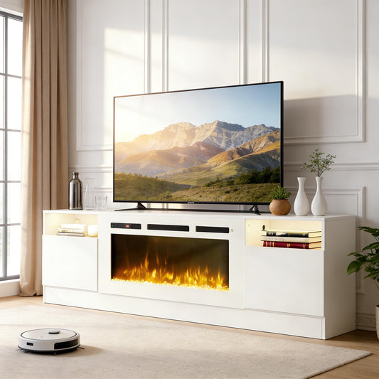 OneBlis 70" Fireplace TV Stand for TVs Up to 80",Entertainment Center with 36” Electric Fireplace and 12 Colors LED Lights,Large TV Console with Storage Cabinet for Living Room,All White