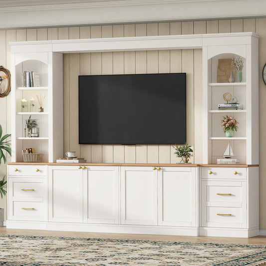 Merax Farmhouse 106-Inch Arched Entertainment Wall Unit Set with Adjustable Shelves, TV Stand for Televisions Up to 70'', Mid-Century Large Media Console with Drawers for Living Room, White