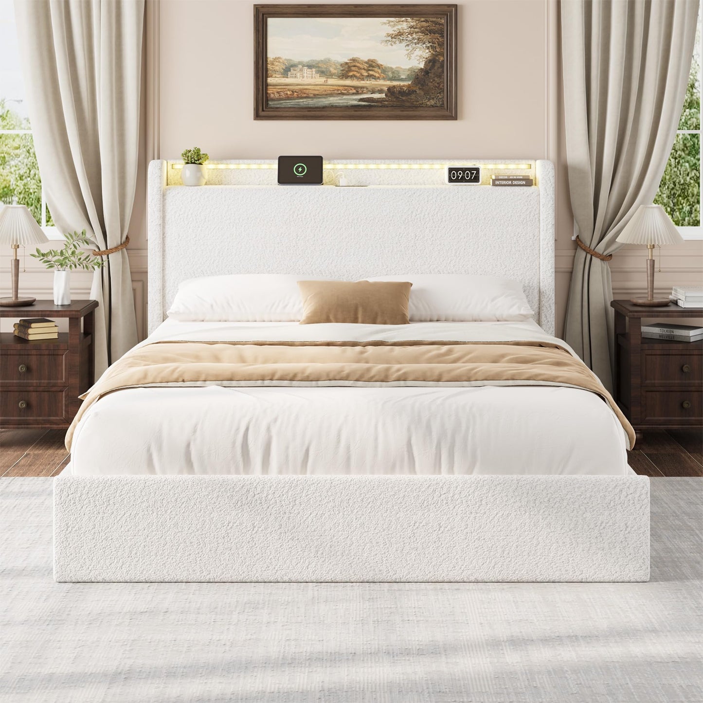 Full Size Boucle Bed Frame with LED Light and Charging Station, 4 Storage Drawers, Storage Headboard, Upholstered Platform Full Bed with Wooden Slats, No Box Spring Needed, Easy Assembly, White