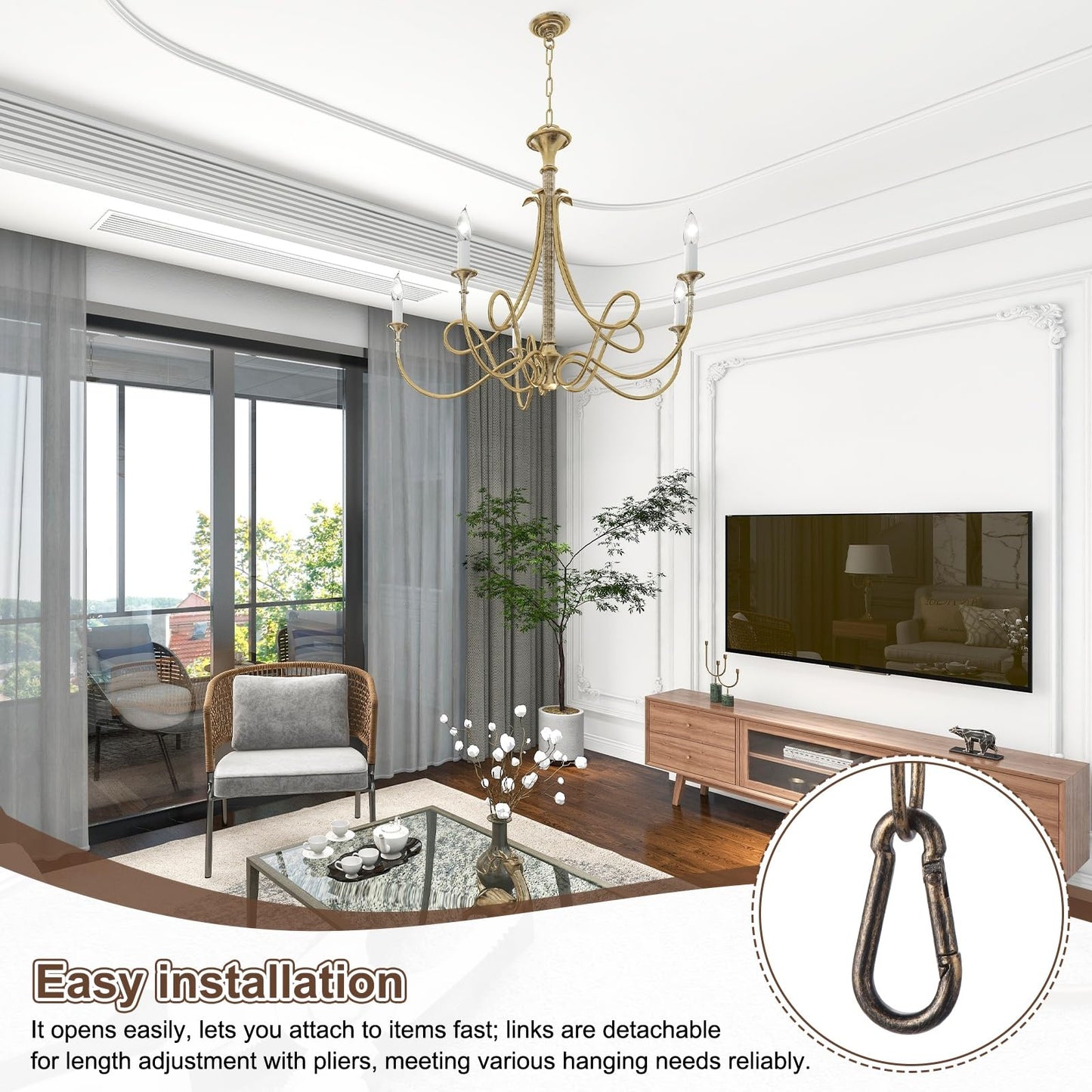 uxcell 7ft Lighting Hanging Chain, 2.4mm/0.09" Looping Metal Pendant Chandelier Chain Extension with 2 Spring Snap Hook for Hanging Plant Pendant Chandelier Light Fixture, Golden