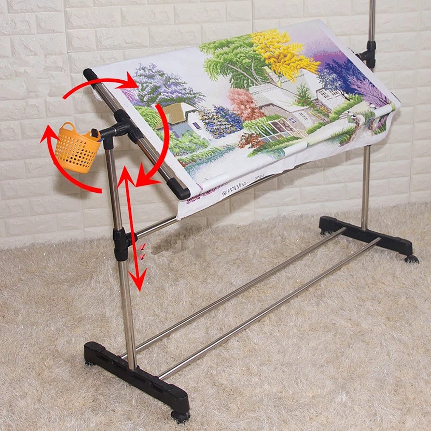 Embroidery Stand with Wheels, Needlework Floor Frame, Height Adjustable Standing Embroidery Lap Table, Stainless Steel Cross Stitch Craft Stand for Art Craft Sewing Holder