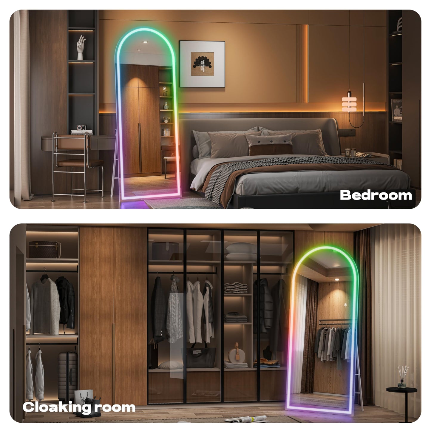 Hasipu Arch Full Length Mirror 75 x 28 in with Stand — Arch LED RGB Full Body Mirror, 7 Lighting Modes, Dimmable, Built‑in Bluetooth Speaker, White Frame for Bedroom Dressing Room