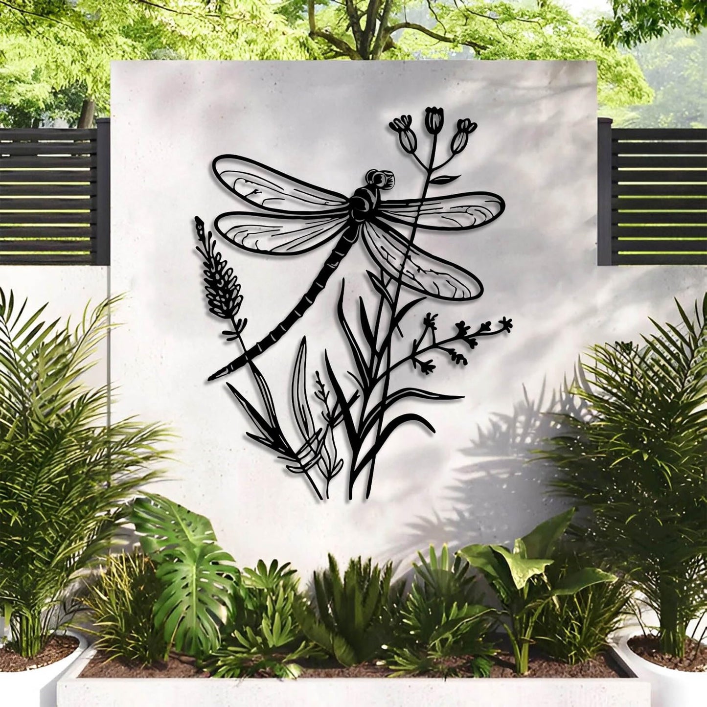 Dragonfly Metal Wall Art, Dragonfly and Flower Metal Wall Decor, Insects Wall Art, Large Dragonflies Wall Hanging, Wild Flower Wall Sculpture, Rustic Farmhouse Decorations (Black, 30"x24"/76x61cm)