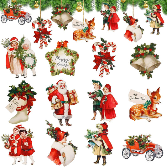 36PCS Christmas Ornaments Vintage Christmas Hanging Wood Decorations for Tree Xmas Santa Claus Reindeer Bell Slices Decor Hanging Tags Cane for Xmas Home Party