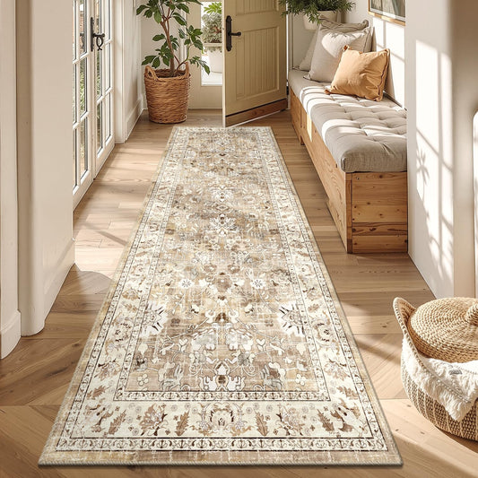 LOKHOM Washable Runner Rug, 3x8 Non-Slip Vintage Hallway Runner Rug with Rubber Backing, Boho Floral Soft Distressed Kitchen Rugs Floor Carpet Runner for Laundry Entrance Bedroom (Beige Brown)