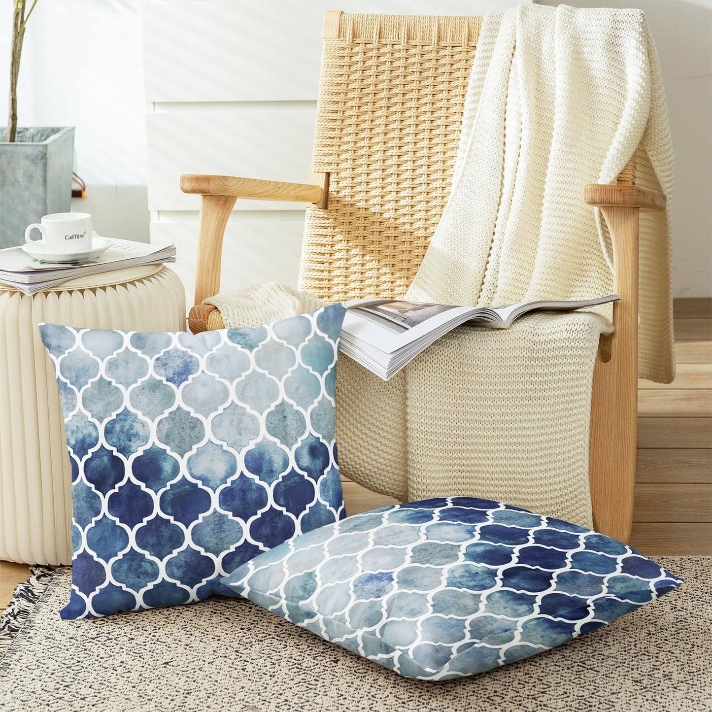 CaliTime Cushion Covers Cushion Cover Pack of 2 Cosy Cushion Covers for Couch Bed Sofa Hand Painted Colourful Geometric Grid Chain Print 45 cm x 45 cm Main Grey Navy Blue