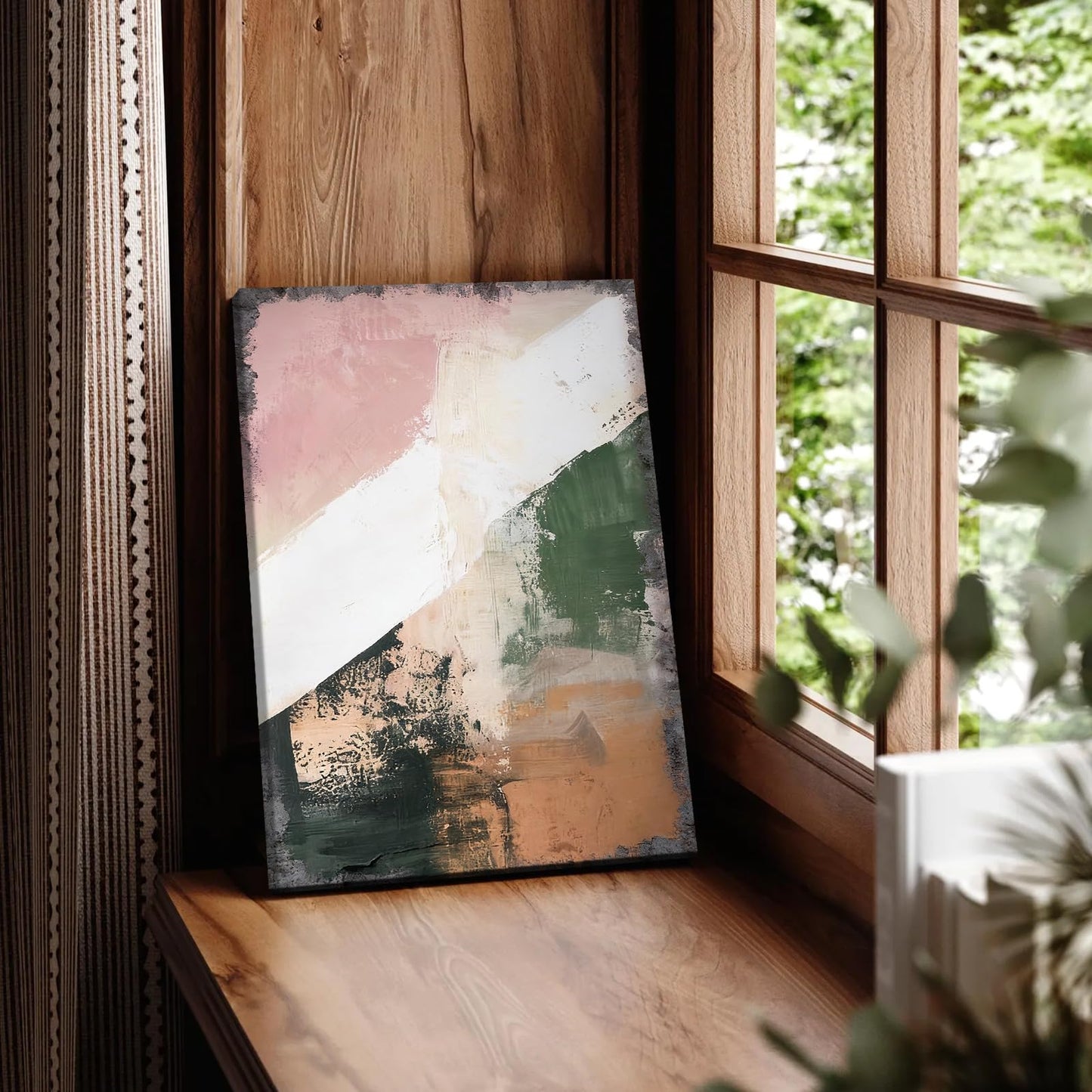 Scandinavian Abstract Wall Art Neutral Abstract Print Minimalist Wall Decor Earthy Modern Poster Minimalistic Green Beige Texture Print (12 * 18inch,Frame)