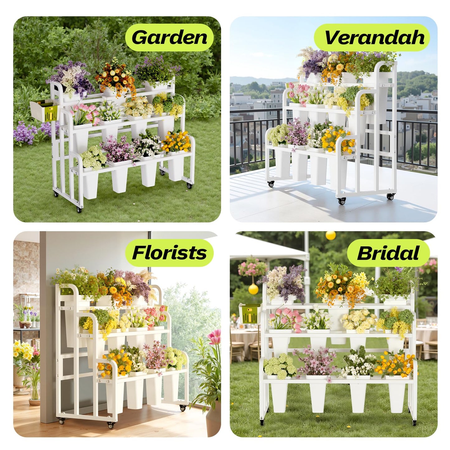 GVRVHJS Heavy Duty 3-Layer Metal Flower Display Stand, 11-Bucket Flower Bar with Tool Basket, Thickened Frame & 360° Swivel Wheels, Flower Cart for Patio, Garden, Florist, Wedding & Party (Black)