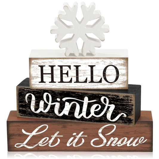 4 Pcs Winter Snowflake Wooden Table Block Sign Christmas Tiered Tray Decor Hello Winter Wood Tabletop Centerpiece Let it Snow Rustic Farmhouse Table Decorations for Xmas Holiday Home Shelf Party Decor