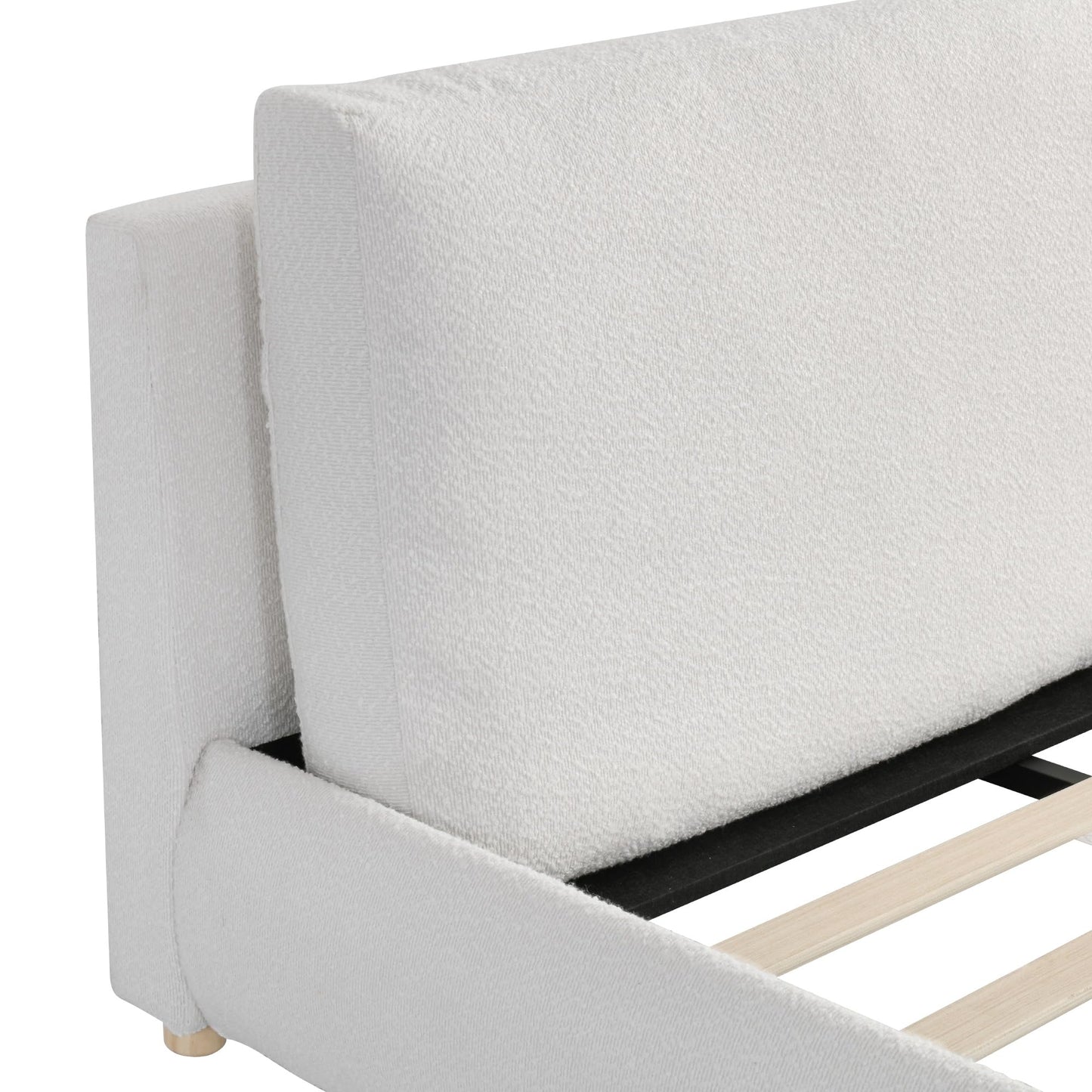 Merax King Size Boucle Fabric Upholstered Platform Bed with Two Removable Pillow Headboard, Wood Bed Frame with Solid Round Legs for Kids Teens Adults, White