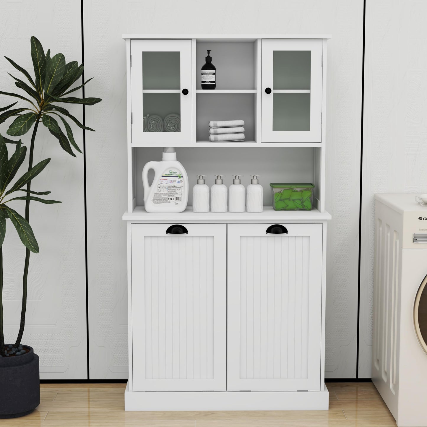 Gecheer Two-Compartment Tilt-Out Dirty Laundry Basket Cabinet - Space-Saving and Functional Storage Cabinet Organizer, Storage Unit Shelves, for Bathroom Living Room Dining Kitchen YJXW1120S00001