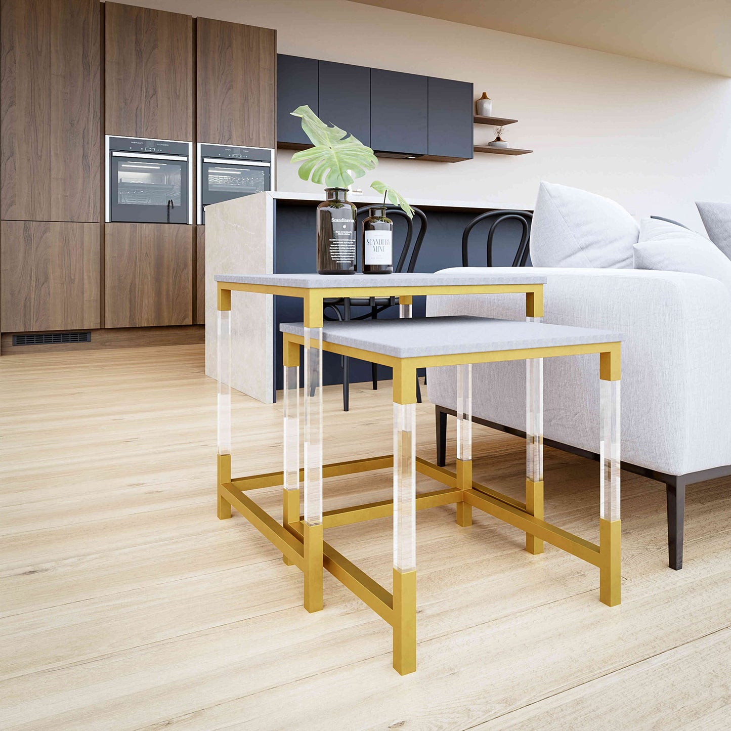 Cortesi Home Annidarsi Square Nesting Tables with Clear Acrylic Legs, Gold