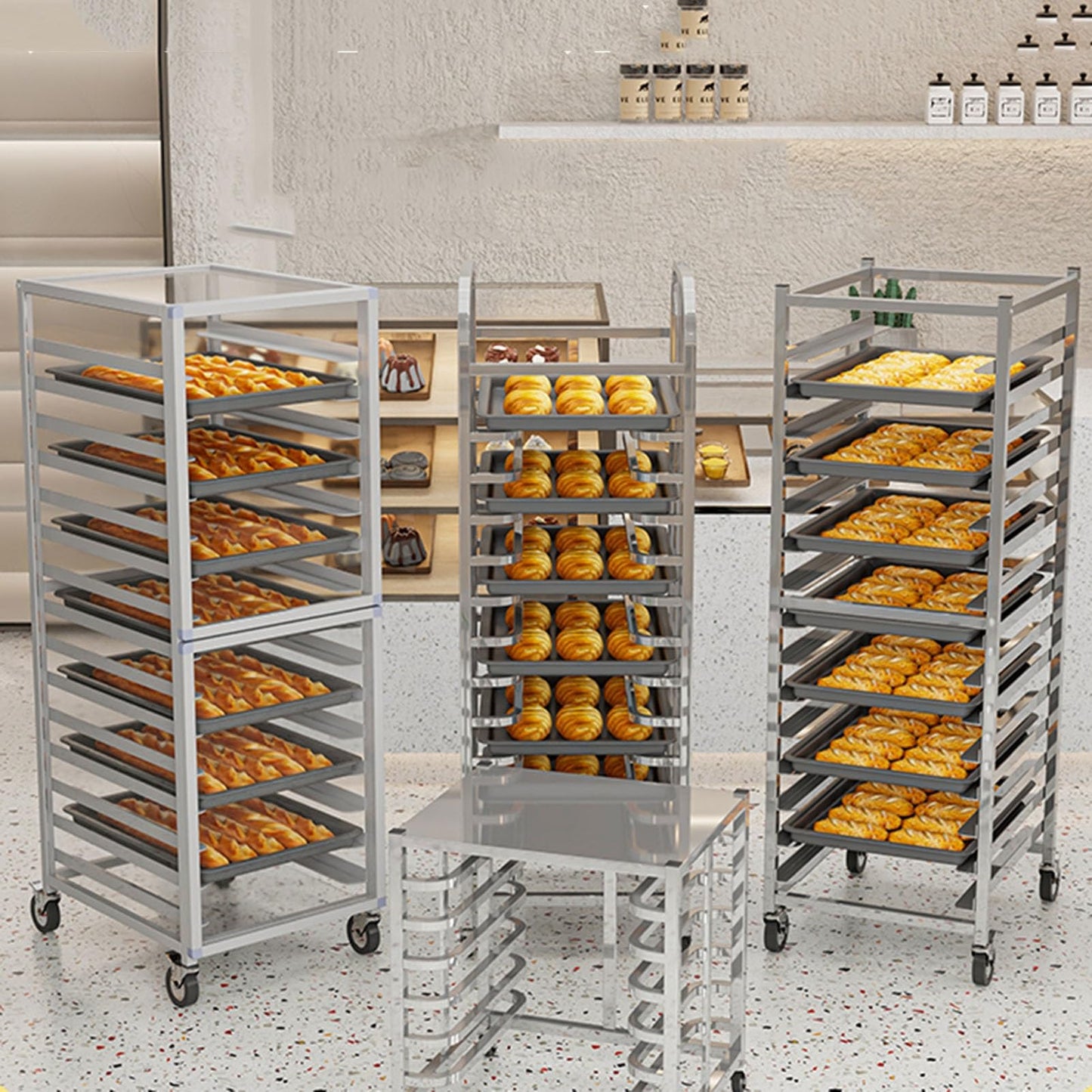 GenSDH 15-Tier Stainless Steel Rack, Commercial Mobile Bakery Trolley for Bread & Pizza, Heavy-Duty 400Kg Capacity, Multi-Layer Sheet Pan Storage Solution