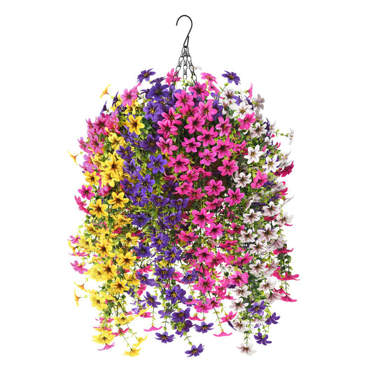 INQCMY Artificial Fake Hanging Plants Flowers Basket for Spring Outdoor Outside Decoration,UV Resistant Faux Silk Flower in Planter for Home Patio Porch Balcony Garden Yard Decor(Mixed Color)