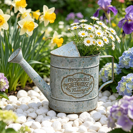 Vintage Metal Watering Can with Magnolia Greenhouse & Nursery Design Garden Decorative Watering Pot Farmhouse Waterer for Home Indoor Outdoor Garden Balcony Courtyard (Gray)
