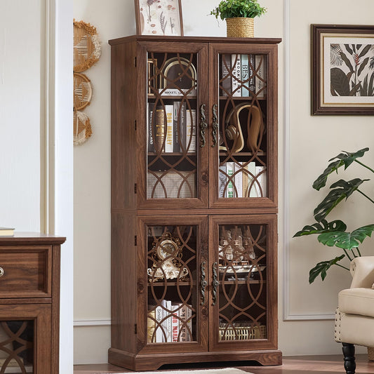 Joaxswe 67" Tall Bookshelf, Rustic Book Shelf w/Vintage Pattern Tempered Glass Doors, 5-Tier Wood Bookcase with Adjustable Storage Shelves, Retro Curio Display Cabinet for Living Room, Brown