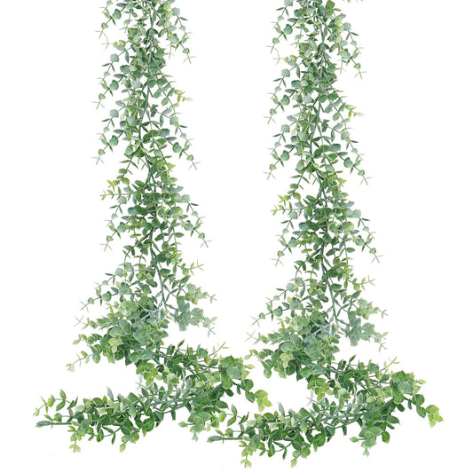 Dolicer 2 Pack Faux Eucalyptus Garland, 12Ft Artificial Vines Fake Hanging Eucalyptus Leaves Greenery Garland for Wedding Backdrop Arch Wall Table Party Indoor Outdoor Decor (Grey Green)
