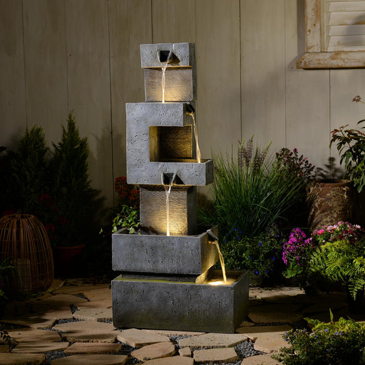 Sunlinua 48.4" H Outdoor Water Fountain with 4 Tiers Cascading Realistic Rock Waterfall Fountains with LED Lights Outdoor Water Fountain for Garden Patio Backyard Porch Home Decor