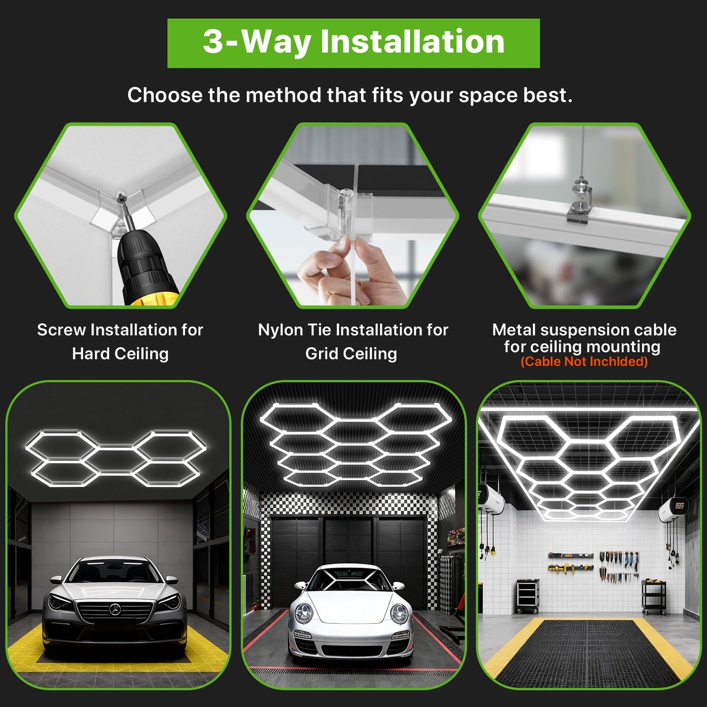 Glitgate Hexagon Garage Lights, Car Detailing & Gym, 476W 52360LM LED Shop Light, 6500K Hexagon Ceiling Light Grid, Modern LED Ceiling Light for Showroom Barber Shop
