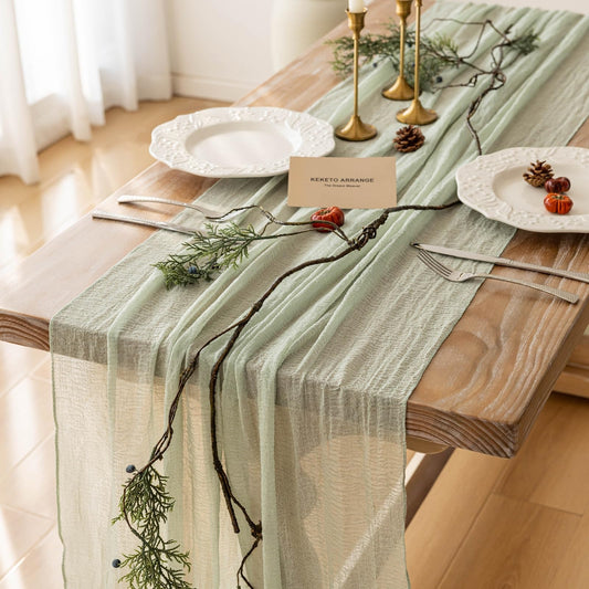Keketoarrange Sage Green Table Runner Easter Decor Cheesecloth 120 Inch 10 FT Rustic Boho Cheese Cloth Runner for Wedding Baby Shower Bridal Shower Sheer Gauze Centerpiece Spring Home Decorations