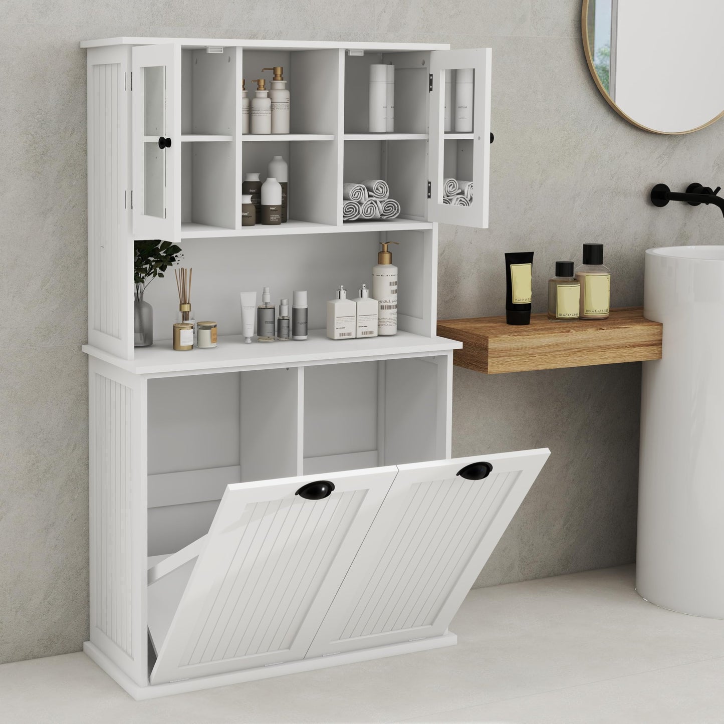 agnixnaf Two-Compartment Tilt-Out Dirty Laundry Basket Tall Bathroom Cabinet with 2 Adjustable Shelves-White