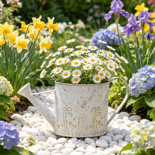 Vintage Metal Watering Can with Floral Embossed Design Garden Distressed White Decorative Watering Pot Planter Rustic Farmhouse Waterer for Home Indoor Outdoor Garden Balcony Courtyard (White#2)