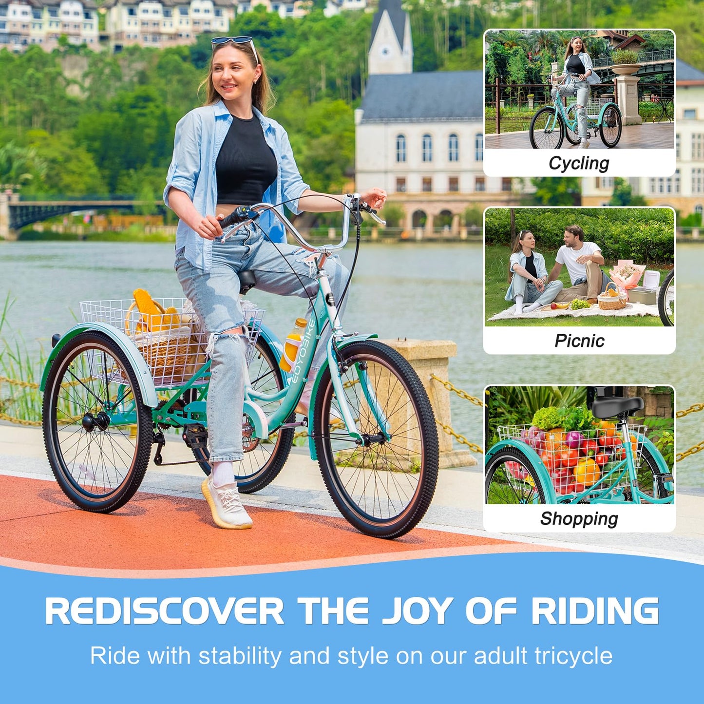 EOYOBIKE Adult Tricycle 3-Wheel Cruiser Bike, Low Step-Through Frame, Large Rear Basket, Heavy-Duty Comfort Bicycle with Adjustable Handlebar & Spring Saddle, 24/26 Inch Wheels for Seniors & Adults