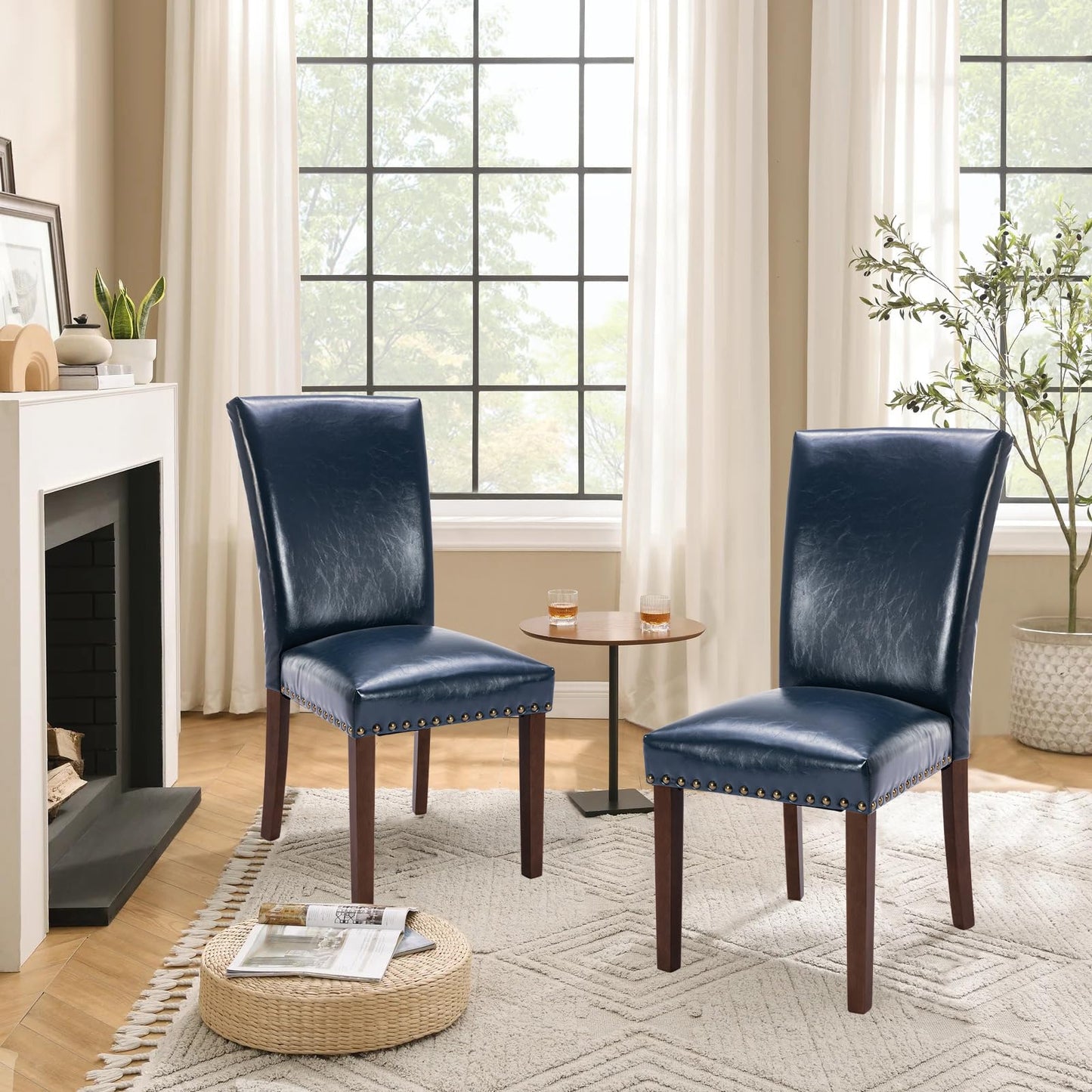 COLAMY Upholstered PU Leather Dining Chairs Set of 6 with High Back Support, Nailhead Trim & Solid Wood Legs, Comfortable Dining Room Chairs for Kitchen Table, Apartment & Family Use